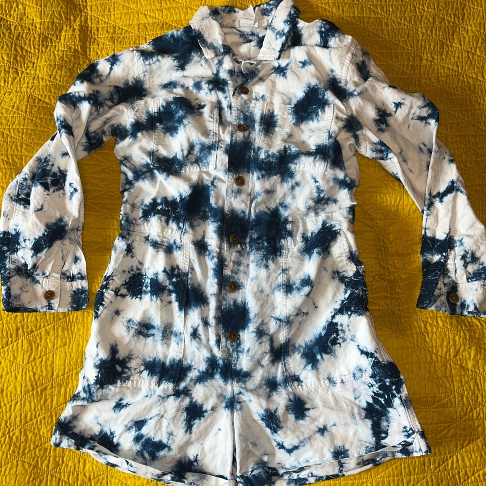 GAP Shorts Romper Jumper One Piece Women's 10 Blue Tie Dye Linen Blend Jumpsuit